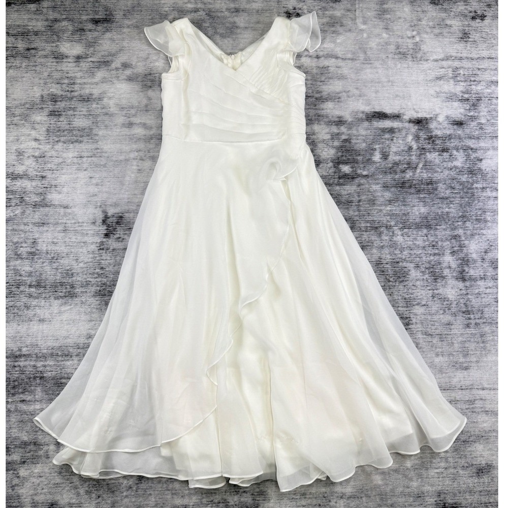 DB Studio Kids Ivory Chiffon Flutter Sleeve V-Neck Ruffle Maxi Dress Size 6